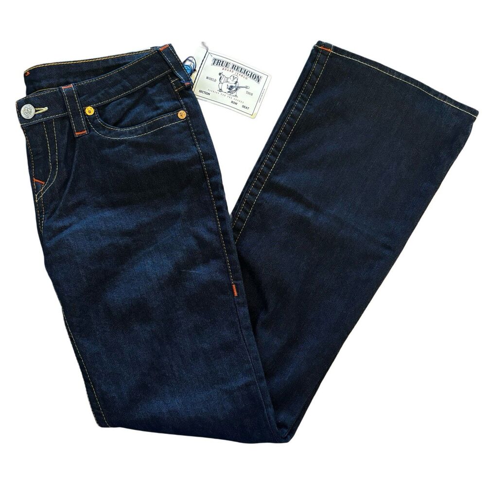 True Religion Boot Cut Mid Rise Dark Wash Denim Jeans Size 32 With Pocket Flaps